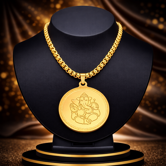 Ganesha’s Blessing Pendant 18K Gold Plated Stainless Steel Necklace for Men – 24 Inch Anti-Tarnish Chain