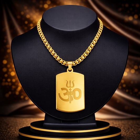 Om Trishul Power 18K Gold Plated Pendant Chain Necklace for Men (23 Inch) – Anti Tarnish